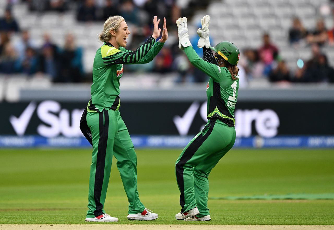 Georgia Adams celebrates with Rhianna Southby, London Spirit vs Southern Brave, Lord's, The Hundred Women's Competition, August 8, 2023