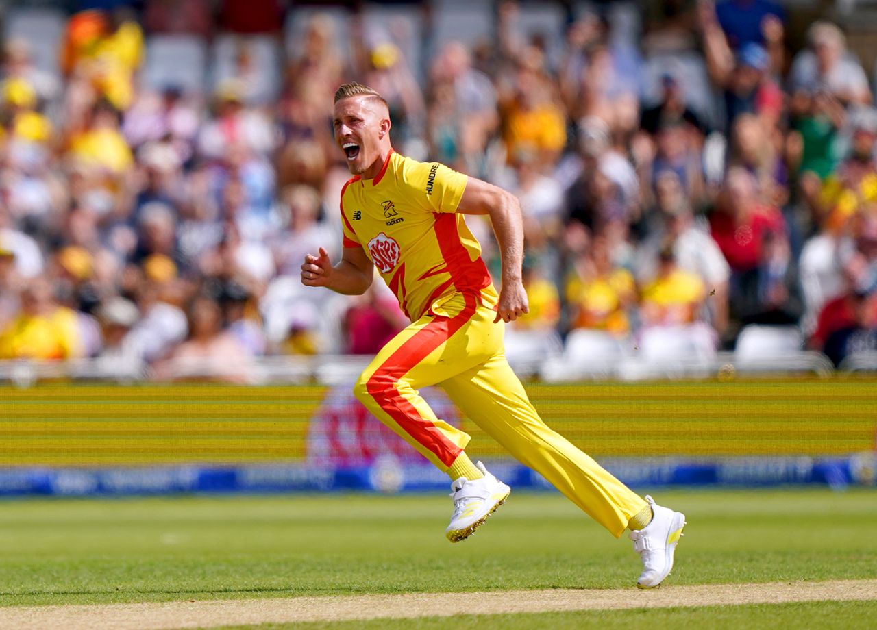 Luke Wood claimed a wicket with the first ball of the match, Trent Rockets vs Northern Superchargers, Men's Hundred, Trent Bridge, August 9, 2023