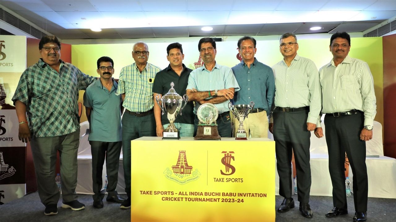 Kris Srikkanth and TNCA officials Kasi Viswanathan and Ashok Sigamani at the launch of the 2023-24 Buchi Babu tournament, August 10, 2023