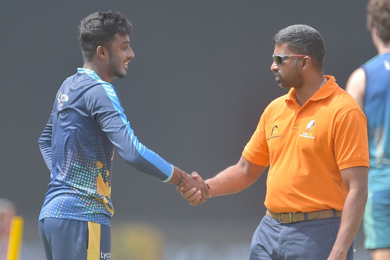 Vijayakanth Viyaskanth and Russell Arnold greet each other, B-Love Kandy vs Jaffna Kings, LPL 2023, Colombo, August 12, 2023