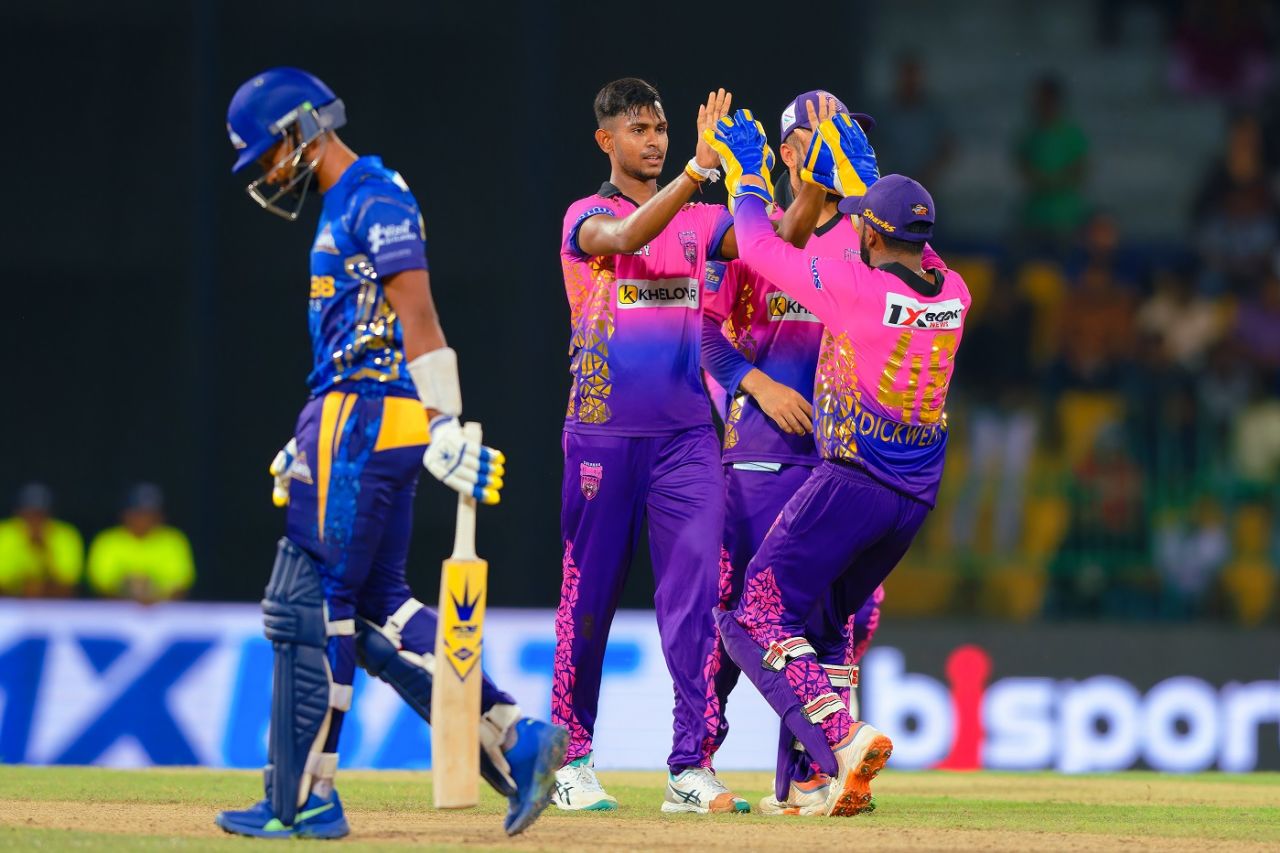 Matheesha Pathirana took a wicket in his first spell for Colombo Strikers, Dambulla Aura vs Colombo Strikers, LPL 2023, Colombo, August 12, 2023