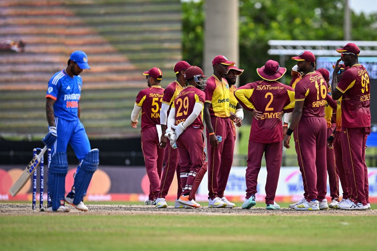 West Indies players wait on the decision on Tilak Varma's dismissal, West Indies vs India, 5th men's T20I, Lauderhill, August 13, 2023