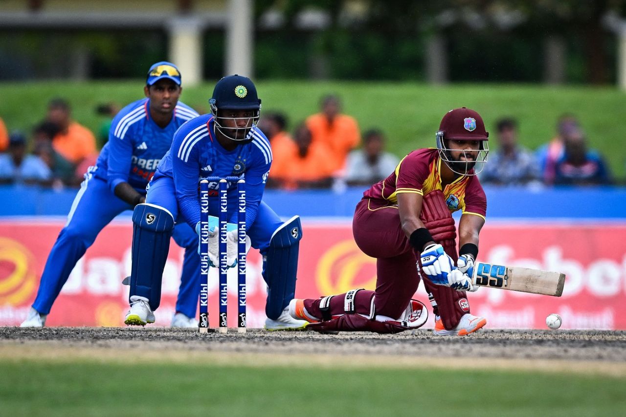 Nicholas Pooran goes low for a sweep, West Indies vs India, 5th men's T20I, Lauderhill, August 13, 2023