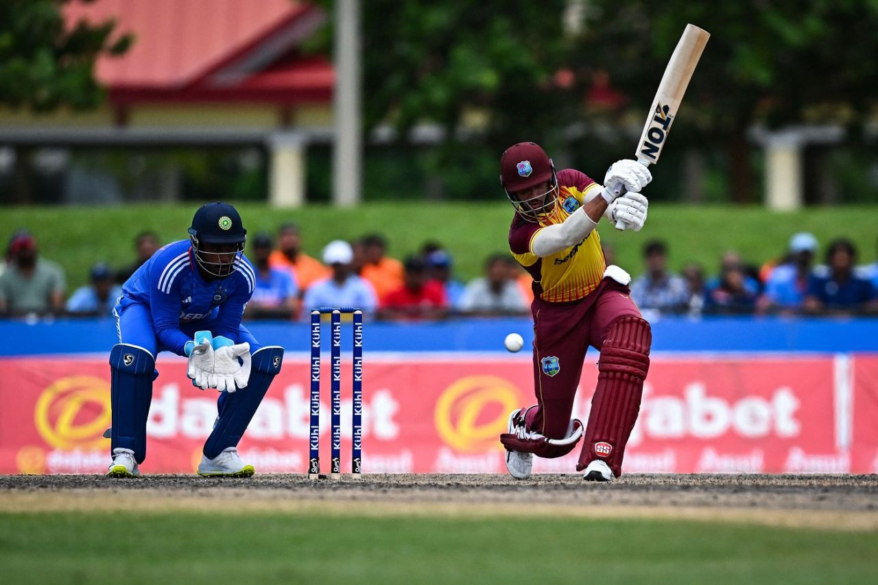Brandon King thrashes one down the ground, West Indies vs India, 5th men's T20I, Lauderhill, August 13, 2023