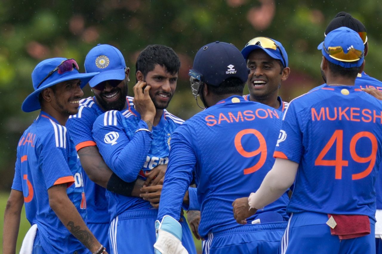 Tilak Varma celebrates his maiden international wicket, West Indies vs India, 5th men's T20I, Lauderhill, August 13, 2023