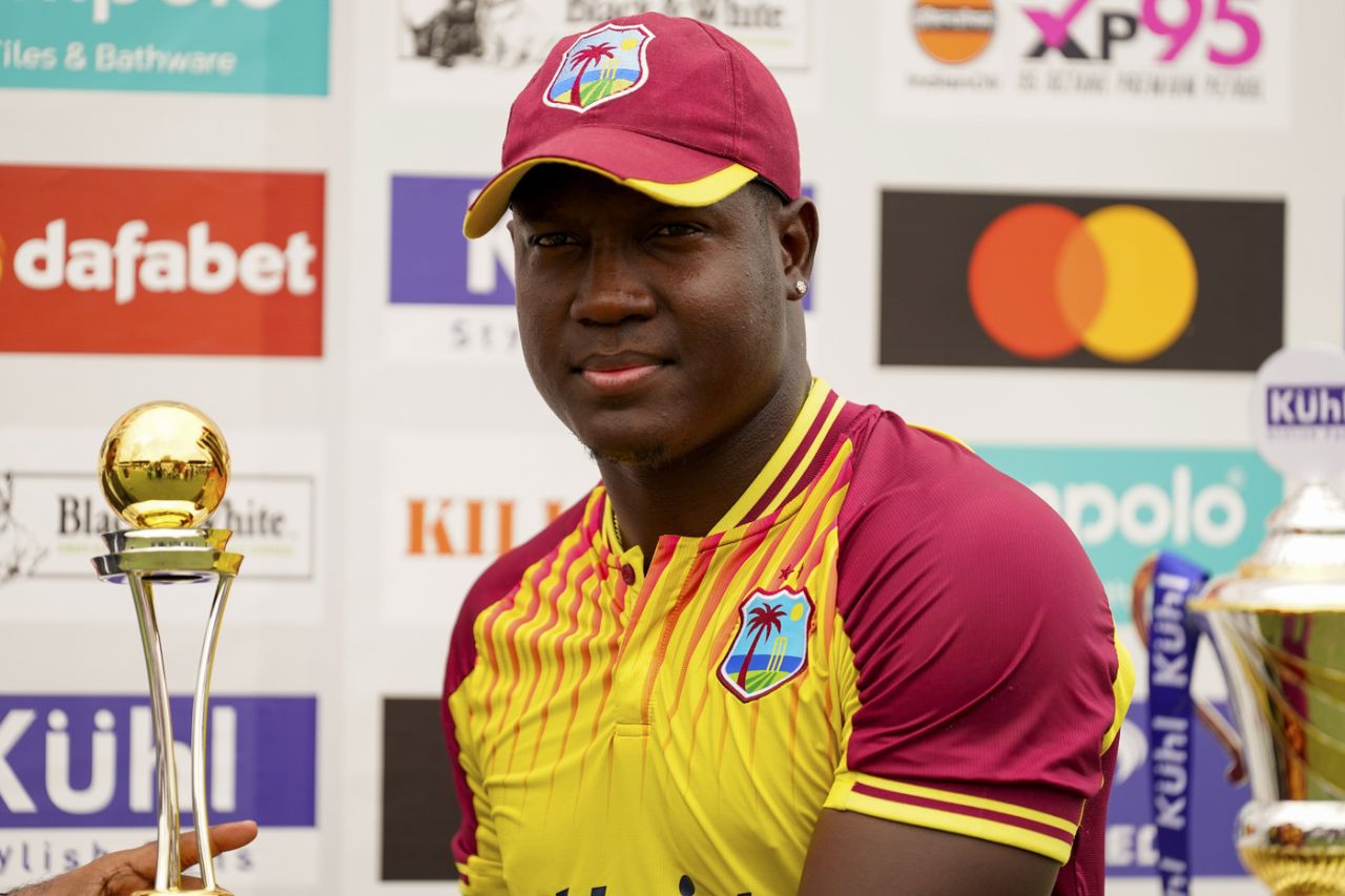 Rovman Powell receives the Player-of-the-Series award on Nicholas Pooran's behalf, West Indies vs India, 5th men's T20I, Lauderhill, August 13, 2023