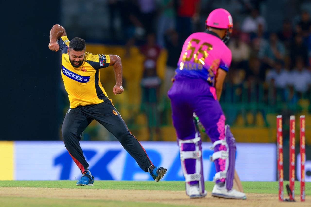 Lahiru Kumara is over the moon after smashing Babar Azam's stumps, Colombo Strikers vs Galle Titans, LPL 2023, Colombo, August 15, 2023