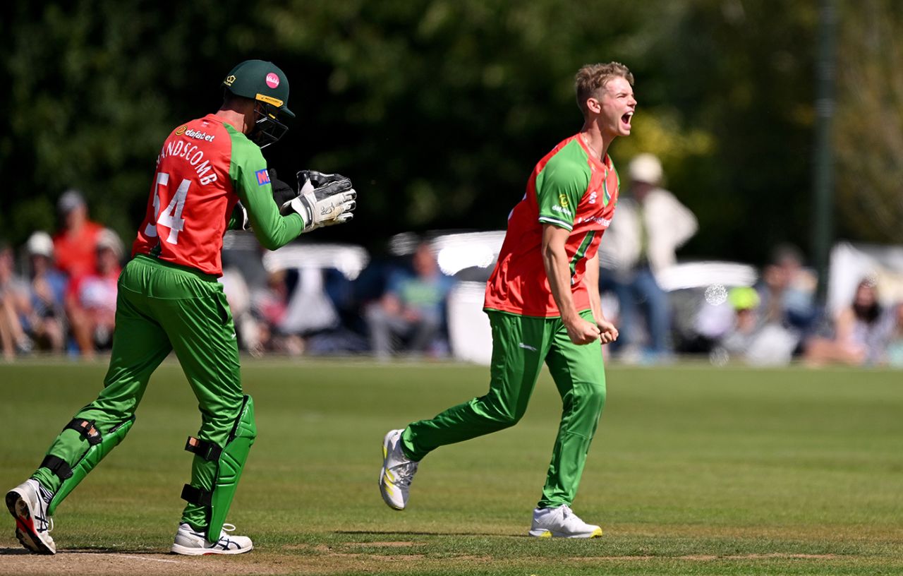 Tom Scriven celebrates a wicket, Leicestershire vs Essex, Metro Bank One-Day Cup, Kibworth, August 15, 2023