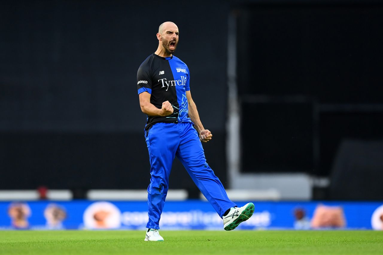 Daryl Mitchell celebrates after removing Will Jacks, Oval Invincibles vs London Spirit, Men's Hundred, The Oval, August 15, 2023