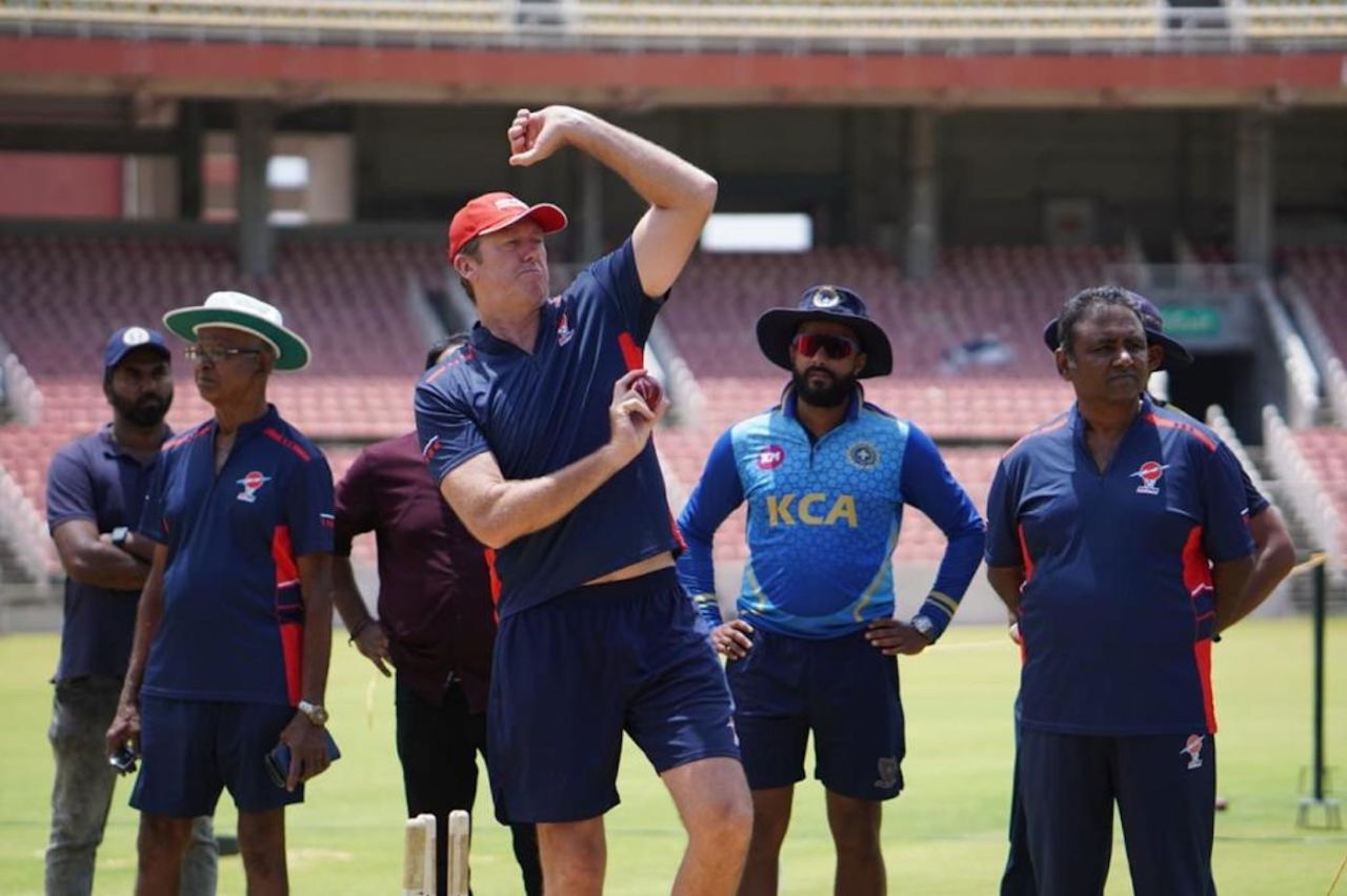 Glenn McGrath imparts knowledge at the MRF pace foundation, 16 August, 2023