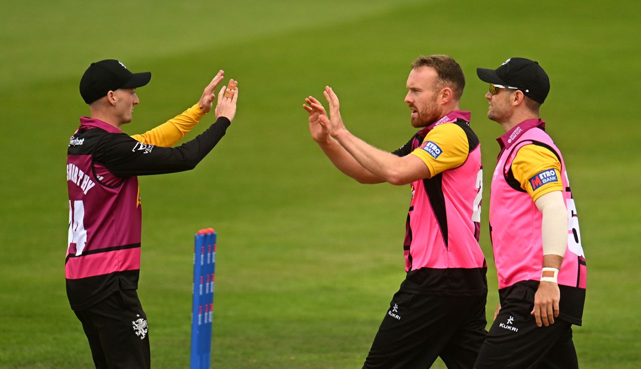 Danny Lamb gets high fives from a team-mate, Somerset vs Worcestershire, Metro Bank One-Day Cup, August 6, 2023