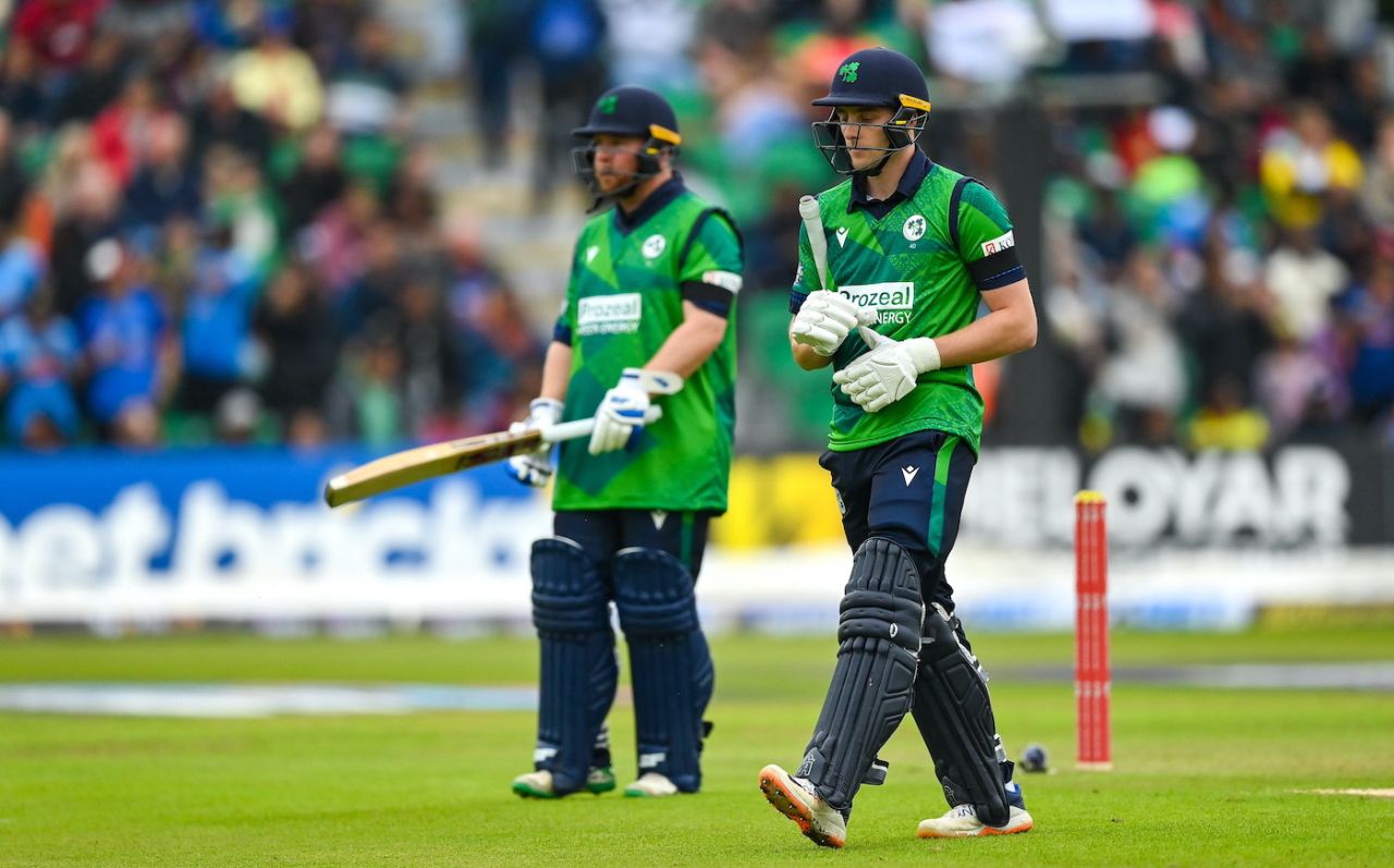 Lorcan Tucker walks back for a duck as Paul Stirling looks on, Ireland vs India, 1st T20I Malahide, August 18, 2023