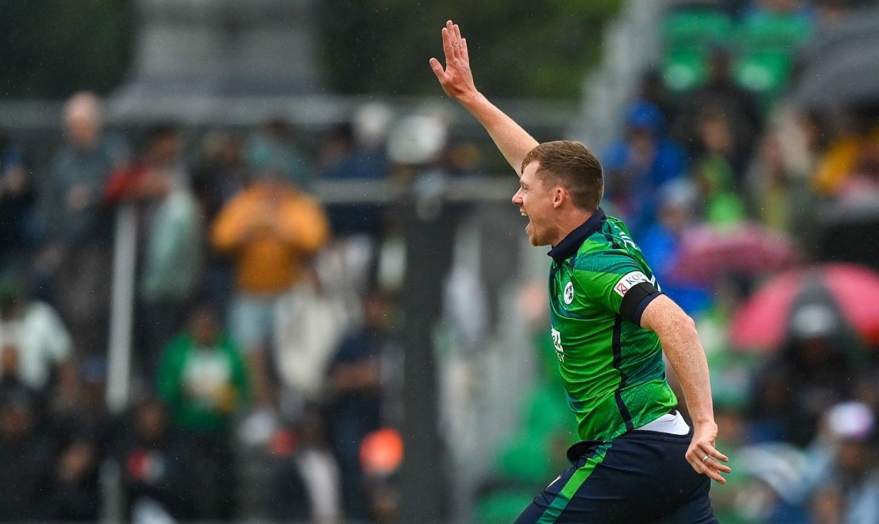 Craig Young wheels away after producing a double-strike, Ireland vs India, 1st T20I Malahide, August 18, 2023