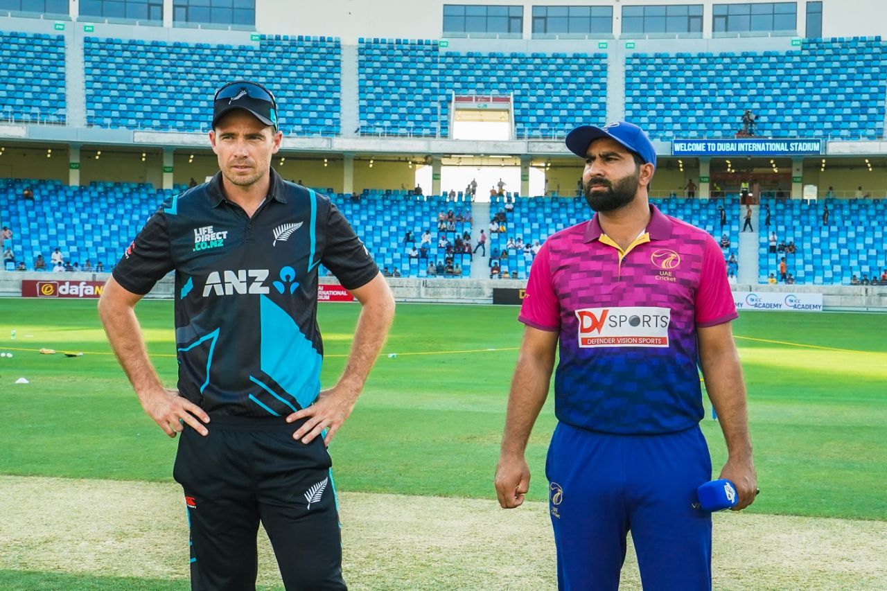 Muhammad Waseem and Tim Southee at the toss, UAE vs New Zealand, 2nd T20I, Dubai, August 19, 2023