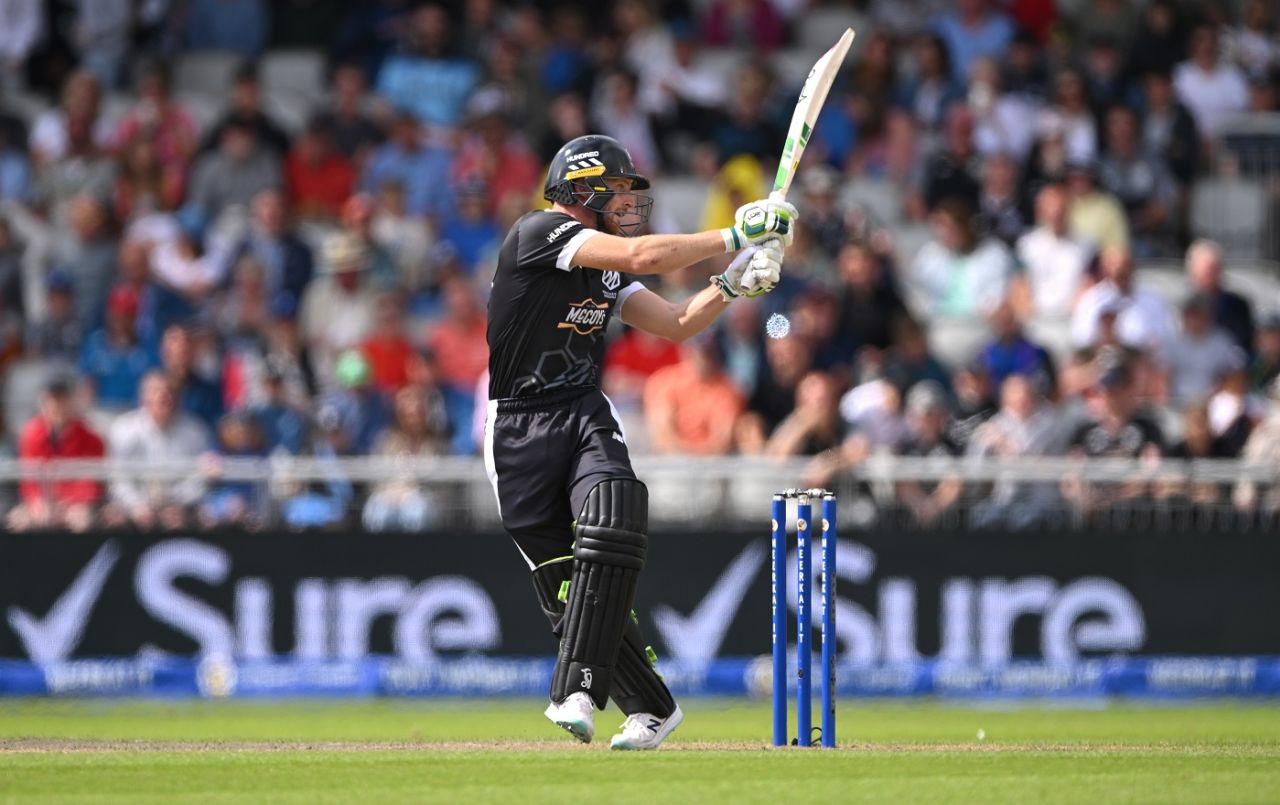 Jos Buttler swivels to dispatch the ball, Manchester Originals vs Northern Superchargers, The Hundred Men's Competition, Emirates Old Trafford, August 20, 2023