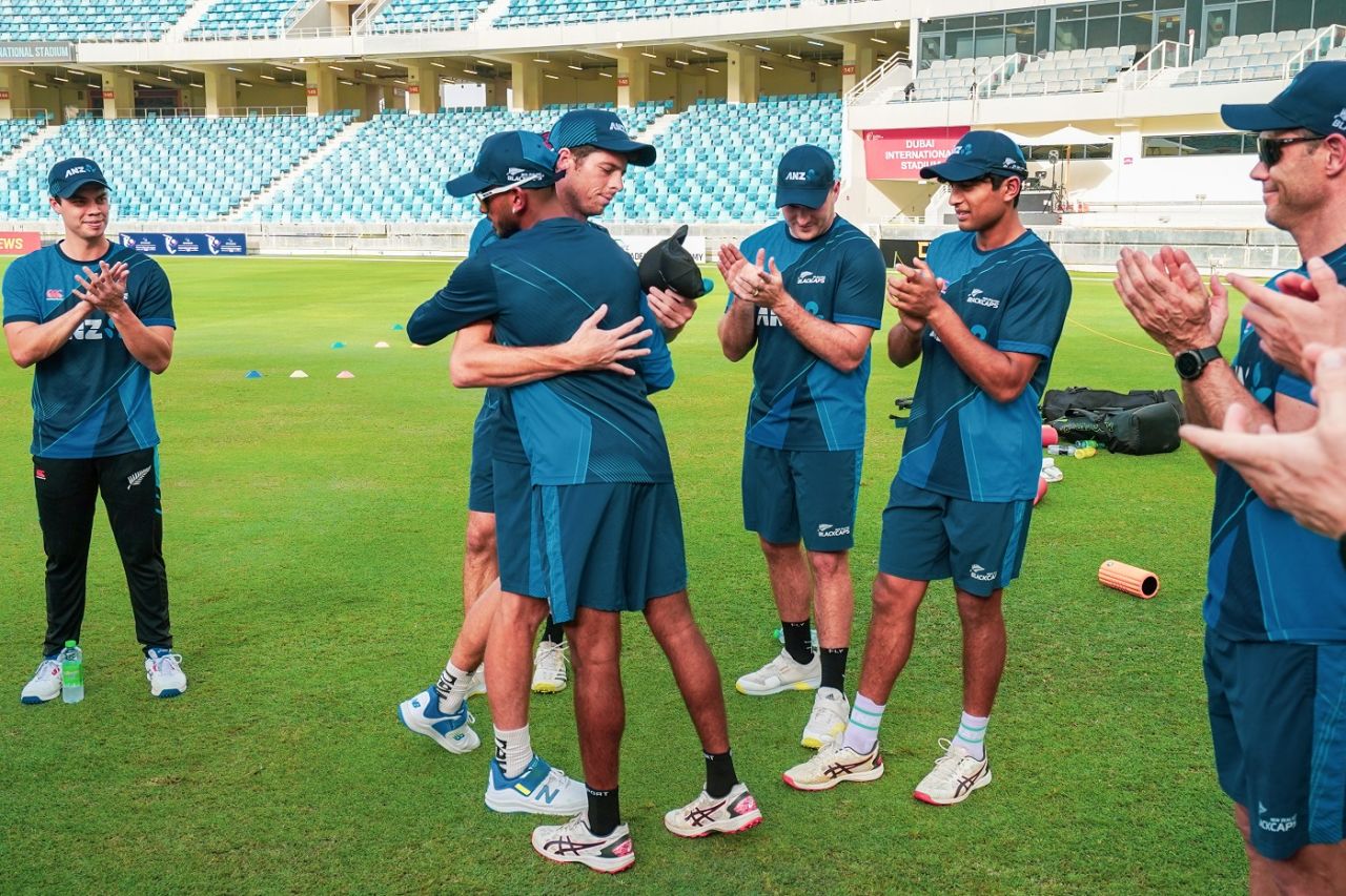 Adithya Ashok was handed his debut T20I cap by Mitchell Santner, UAE vs New Zealand, 3rd T20I, Dubai, August 20, 2023