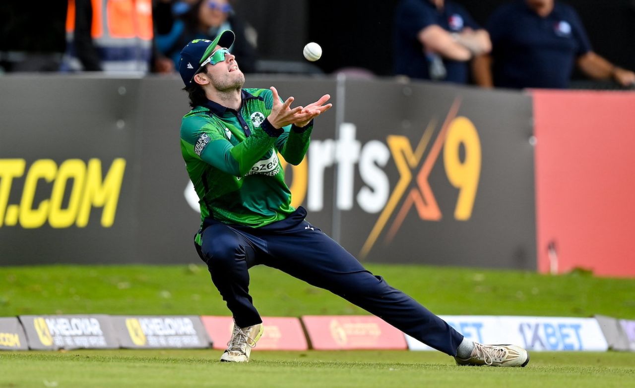 George Dockrell settles under a high catch, Ireland vs India, 2nd T20I, Malahide, Dublin, August 20, 2023