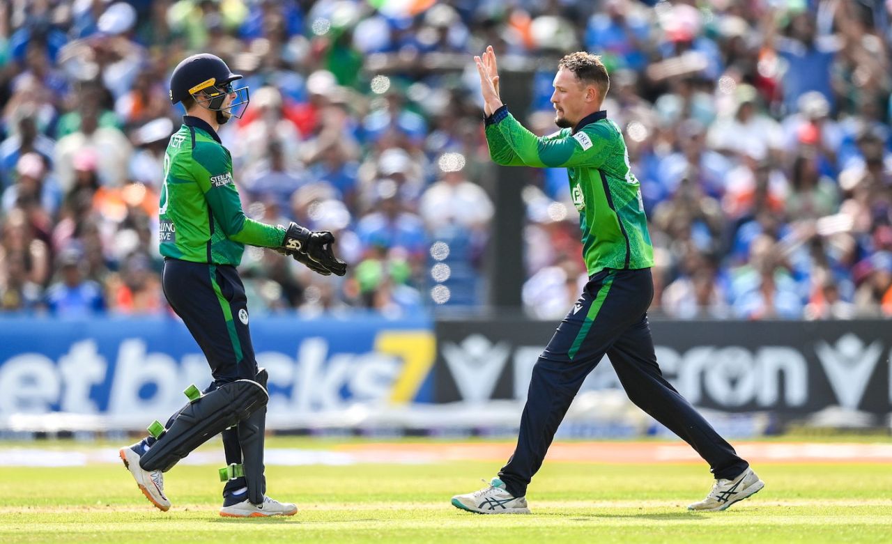 Ben White celebrates a wicket, Ireland vs India, 2nd T20I, Malahide, Dublin, August 20, 2023