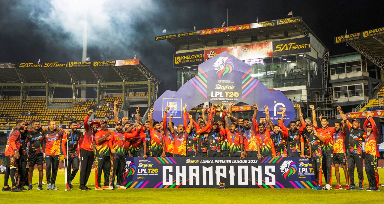 Kandy celebrate their title victory, Dambulla Aura vs B-Love Kandy, LPL 2023, final, R Premadasa Stadium, Colombo, August 20, 2023