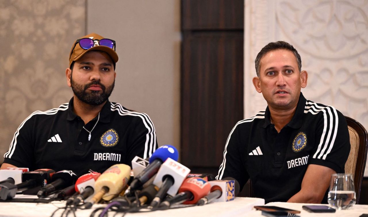 Rohit Sharma and Ajit Agarkar at a press conference, Delhi, August 21, 2023