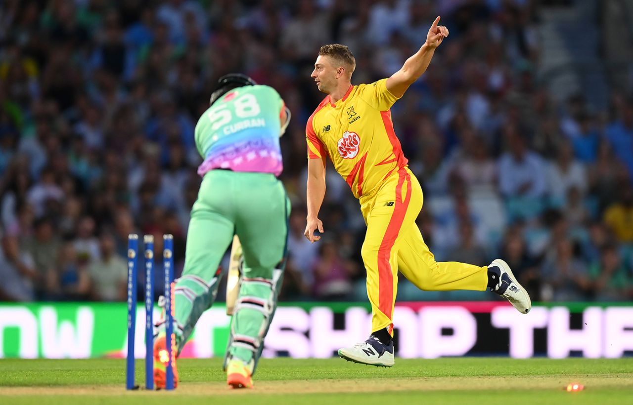 Daniel Sams celebrates the wicket of Sam Curran, Men's Hundred, Oval Invincibles vs Trent Rockets, The Kia Oval, August 21, 2023