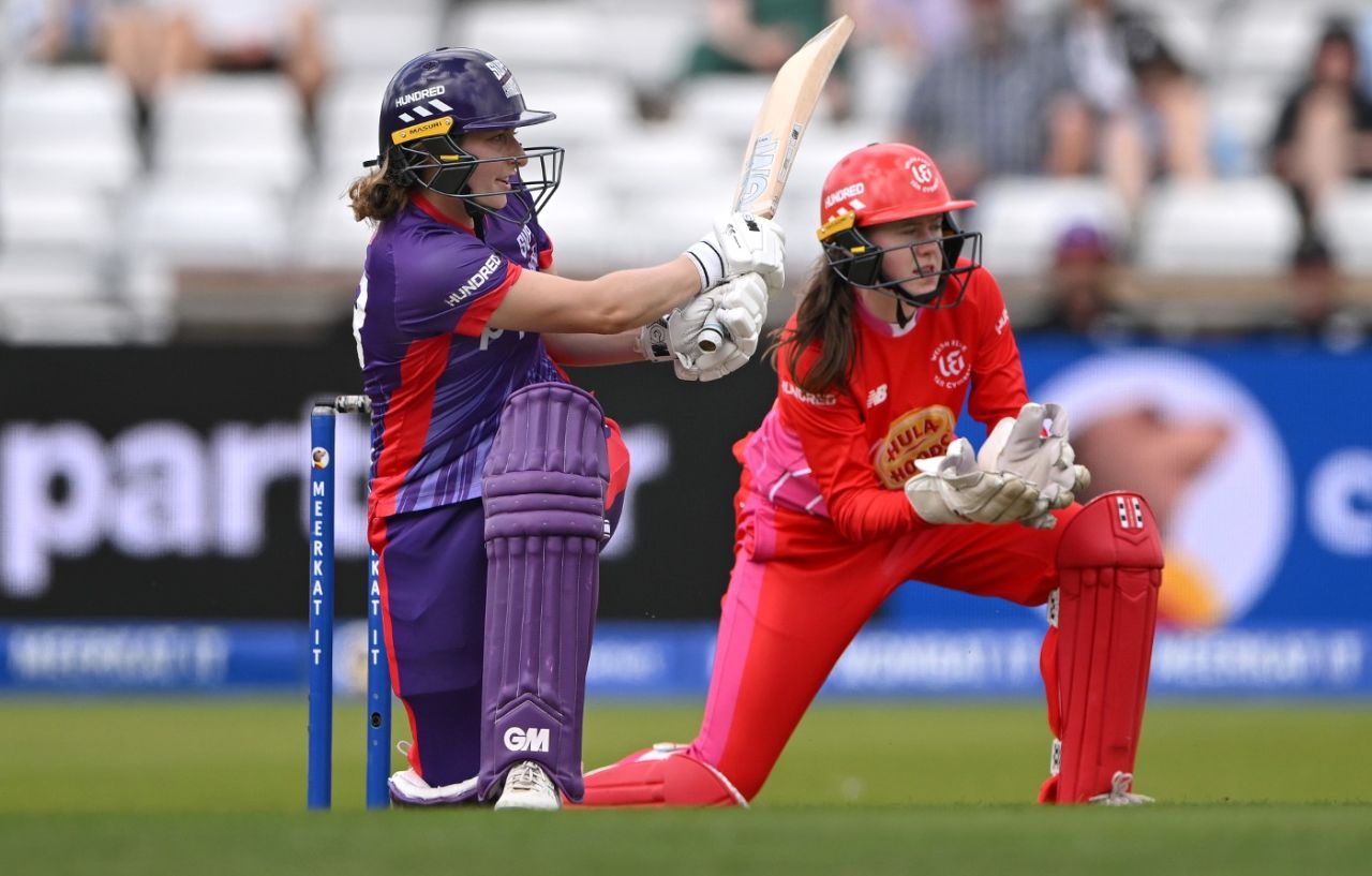 Marie Kelly sweeps during her unbeaten 69, Northern Superchargers vs Welsh Fire, Women's Hundred, Headingley, August 22, 2023