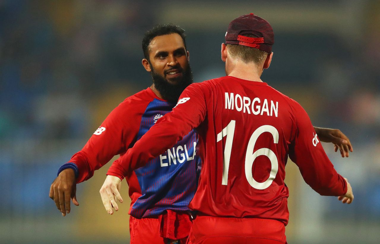 Adil Rashid and Eoin Morgan celebrate the wicket of Kusal Perera, England vs Sri Lanka, ICC Men's T20 World Cup, Sharjah, November 1, 2021