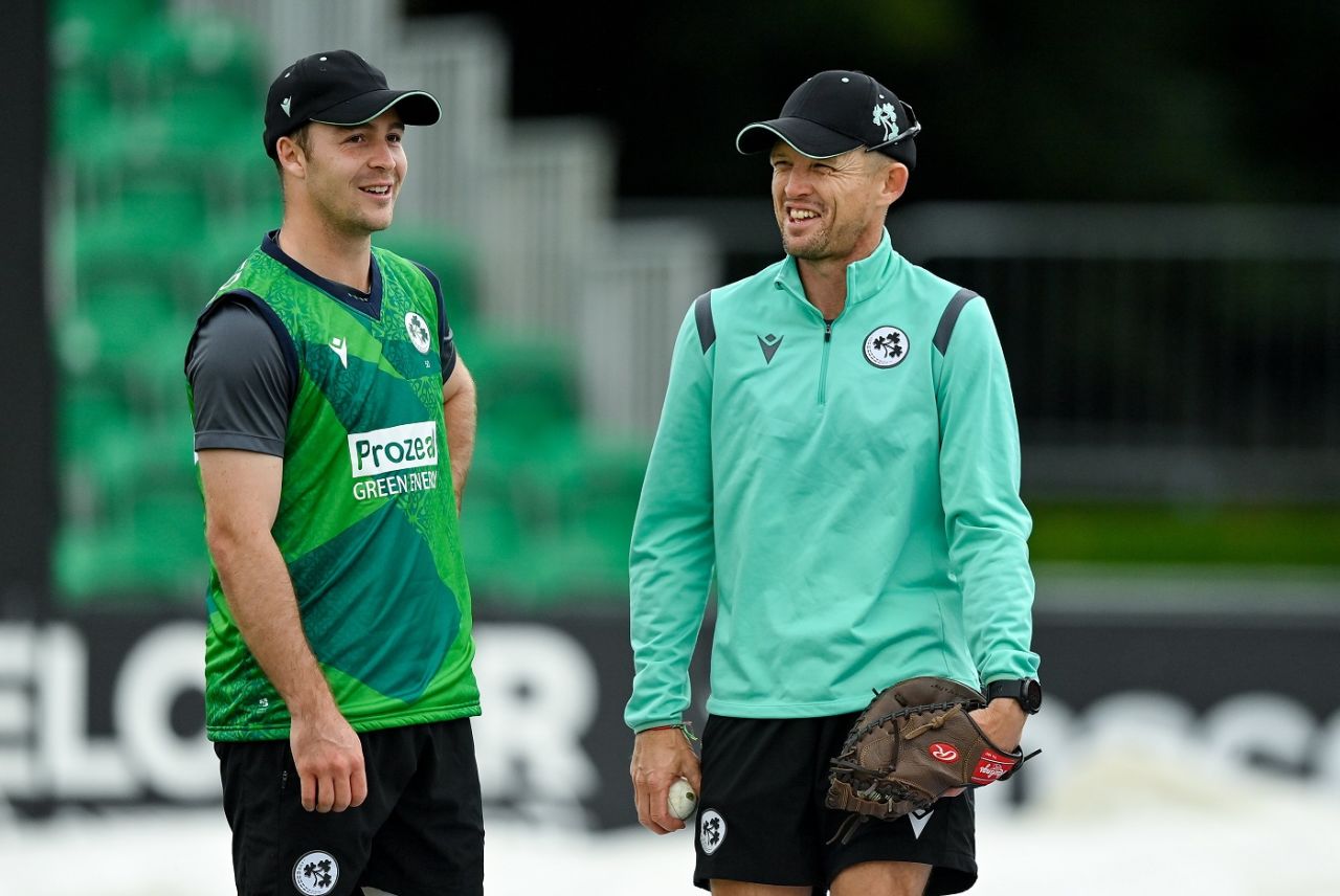 Allrounder Curtis Campher, seen here with head coach Heinrich Malan, did not bowl in the first two T20Is, Ireland vs India, 3rd T20I, Dublin, August 23, 2023