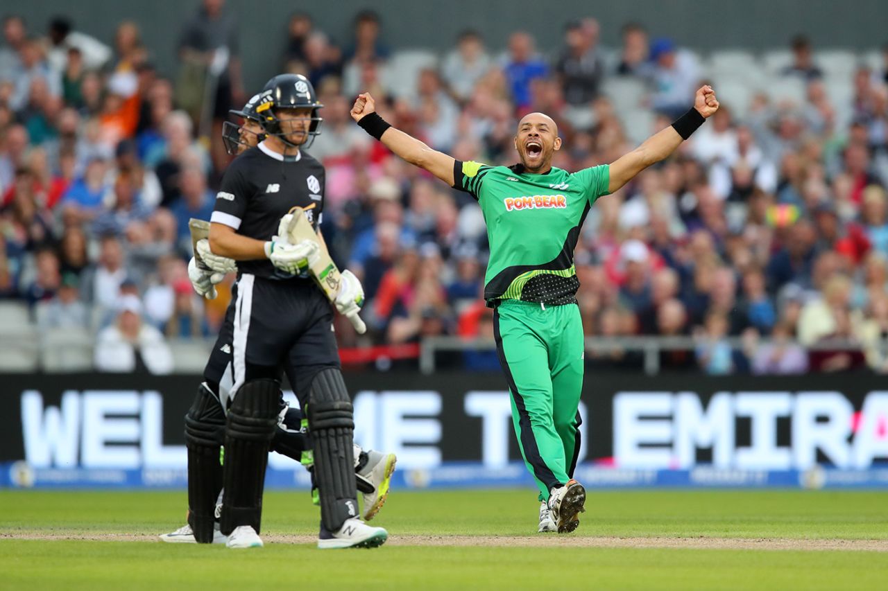 Tymal Mills celebrates the wicket of Phil Salt, Men's Hundred, Manchester Originals vs Southern Brave, Emirates Old Trafford, August 23, 2023