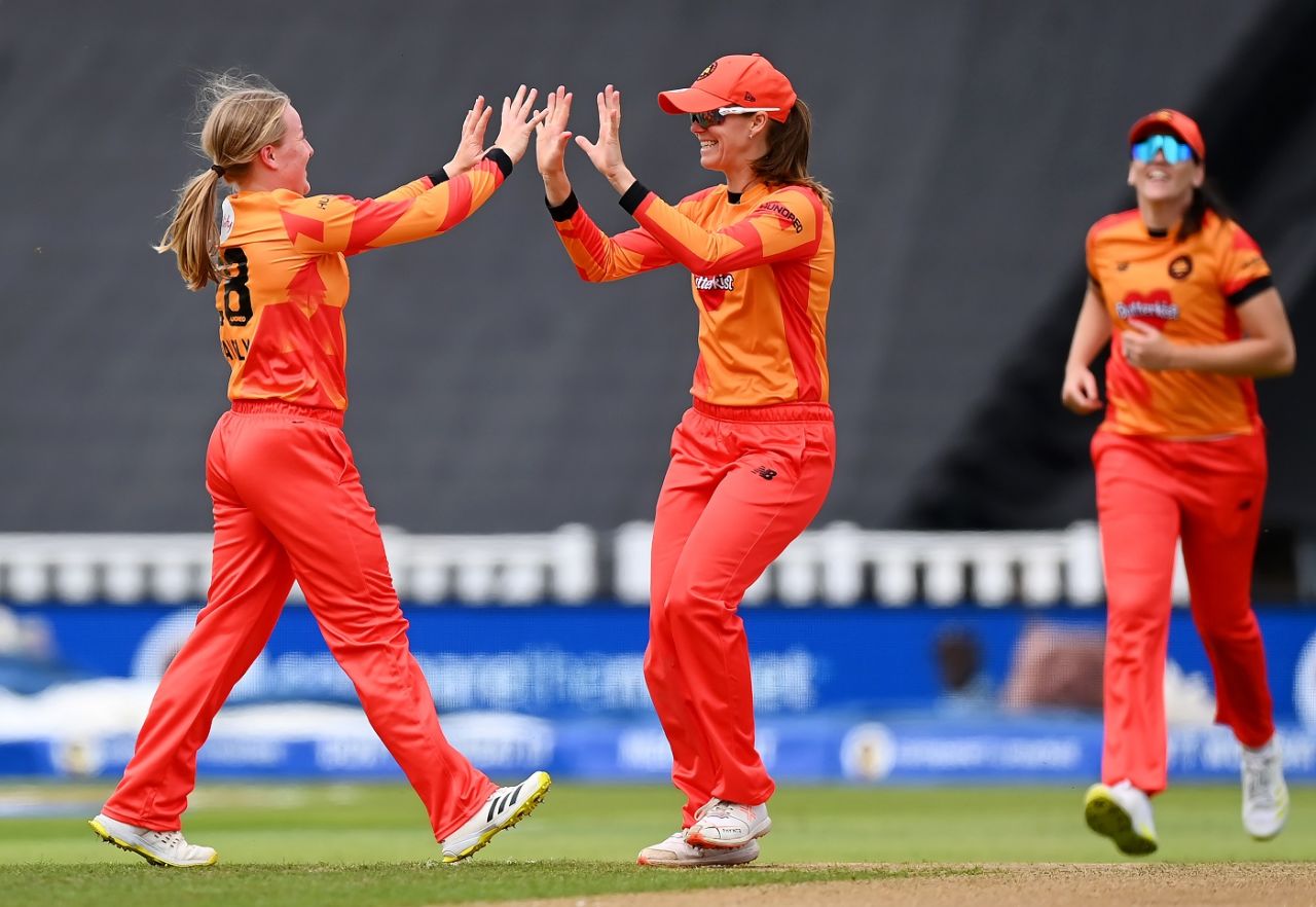 Charis Pavely celebrates after getting rid of Danielle Gibson, Birmingham Phoenix vs London Spirit, The Women's Hundred, Birmingham, August 24, 2023