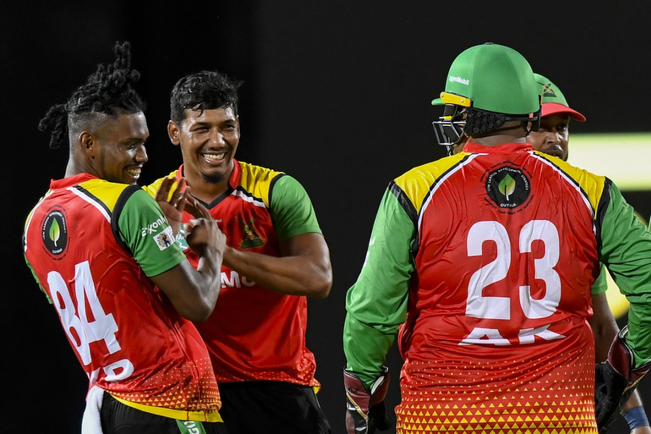 Keemo Paul congratulates Gudakesh Motie during the latter's four-for, Guyana Amazon Warriors vs St Kitts and Nevis Patriots, CPL 2023, Basseterre, August 24, 2023