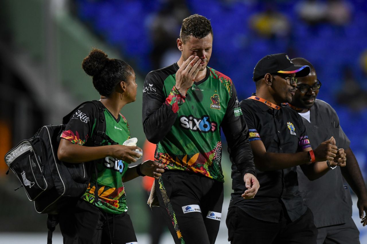 George Linde walks off after getting hit in the face, Guyana Amazon Warriors vs St Kitts and Nevis Patriots, CPL 2023, Basseterre, August 24, 2023