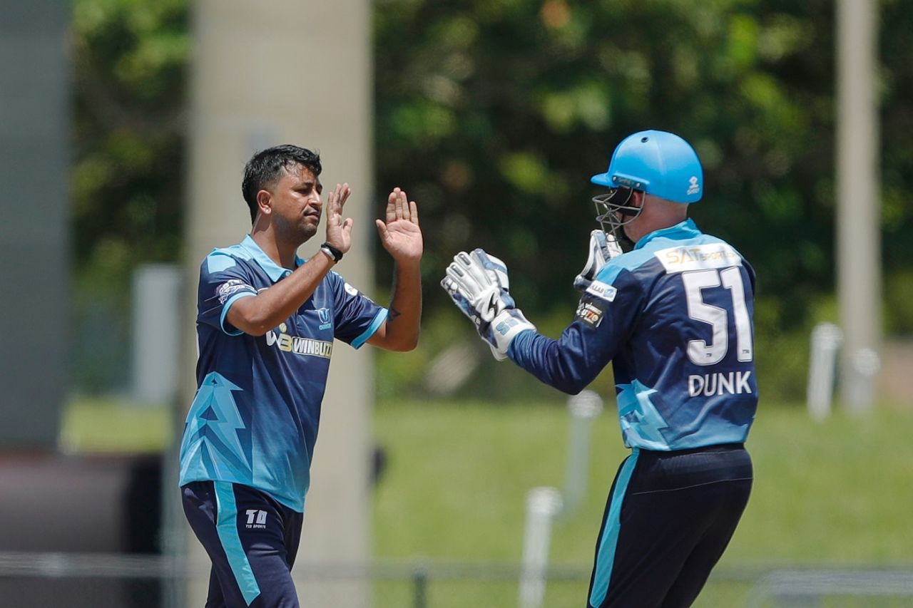 Pragyan Ojha and Ben Dunk celebrate a wicket, Texas Chargets v Atlanta Riders, US Masters T10, Lauderhill, August 25, 2023