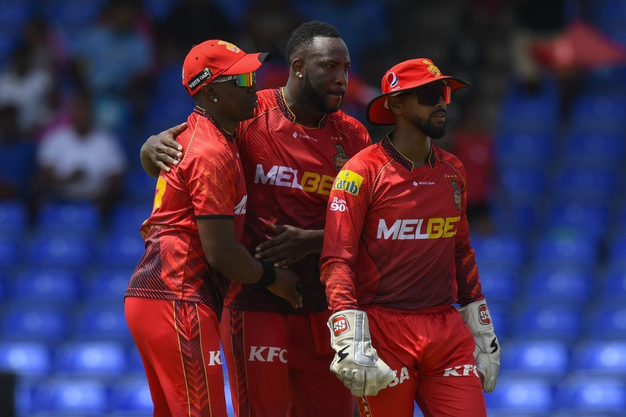Dwayne Bravo, Andre Russell and Nicholas Pooran celebrate a wicket, St Lucia Kings vs Trinbago Knight Riders, CPL 2023, Basseterre, August 26, 2023