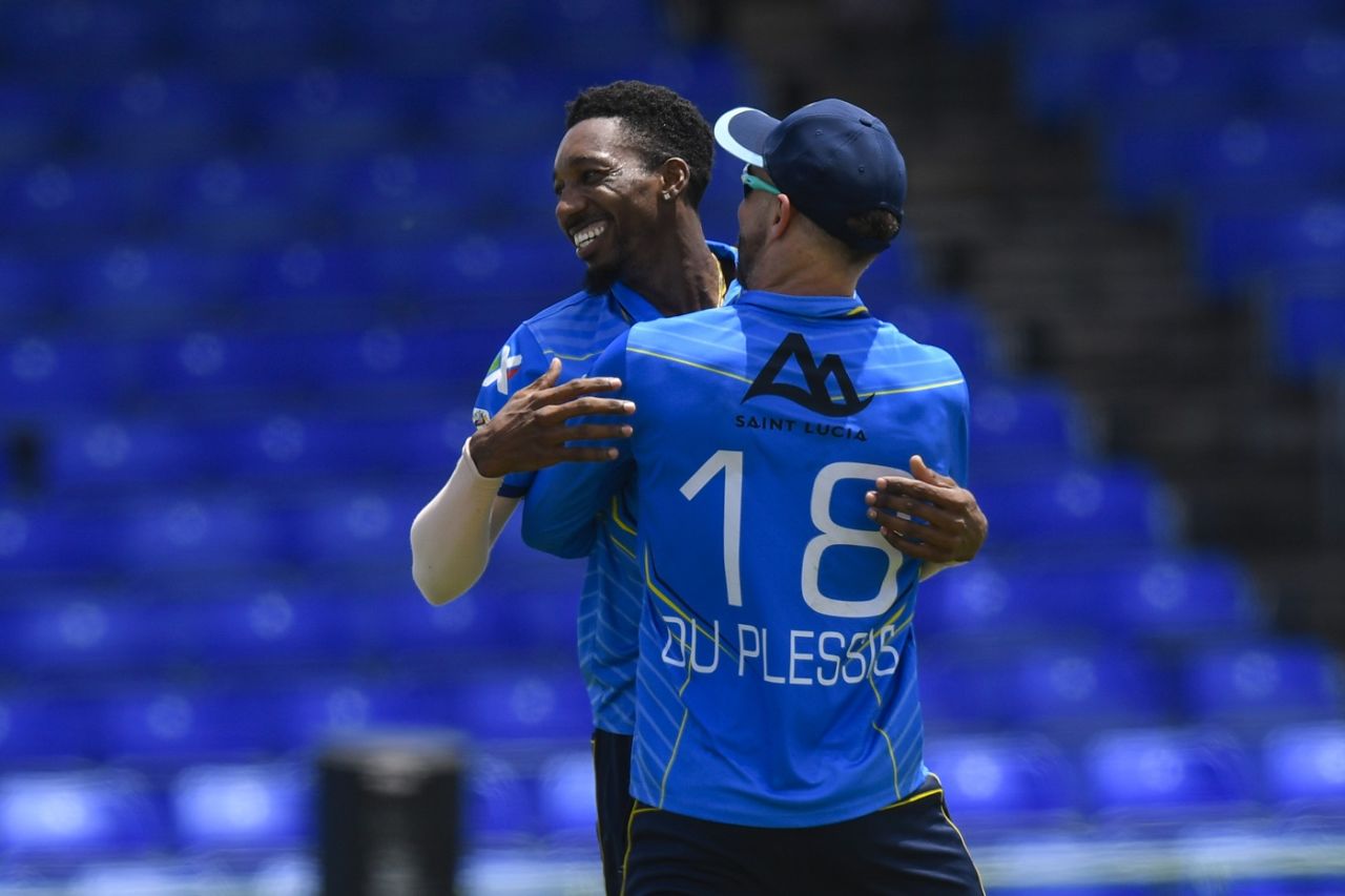Khary Pierre is congratulated by Faf du Plessis, St Lucia Kings vs Trinbago Knight Riders, CPL 2023, Basseterre, August 26, 2023