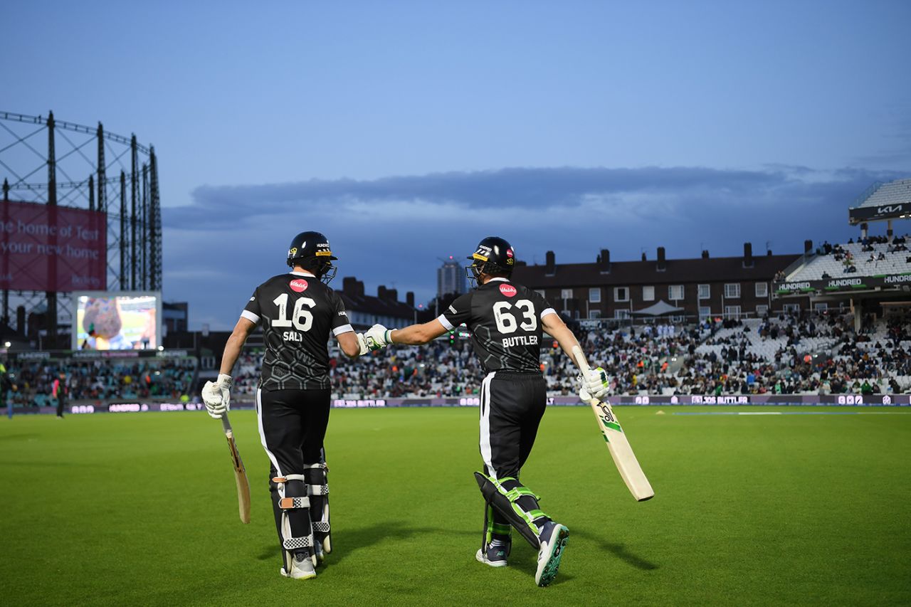 Phil Salt and Jos Buttler walk out at the start of their chase, Southern Brave vs Manchester Originals, Eliminator, Men's Hundred, August 26, 2023