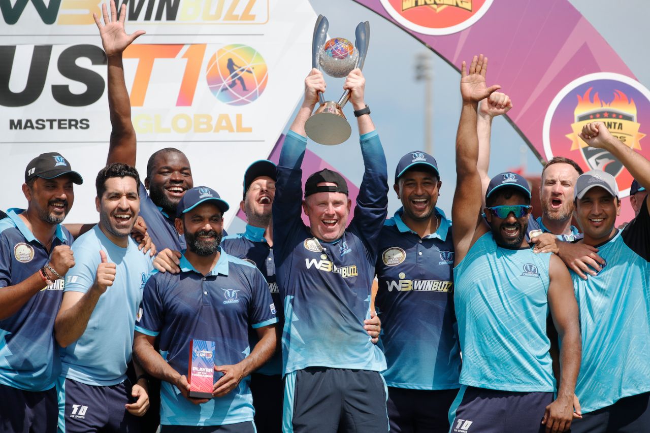 The Texas Chargers players hold aloft the trophy after winning the final via a Super Over, New York Warriors vs Texas Chargers, US Masters T10 final, Lauderhill, August 27, 2023