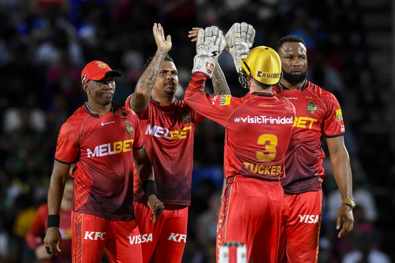 Sunil Narine was Knight Riders' bowling star, with 3 for 24, St Kitts & Nevis Patriots vs Trinbago Knight Riders, CPL 2023, Basseterre, August 28, 2023