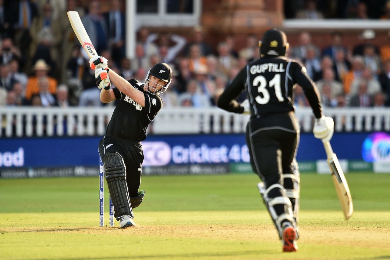 James Neesham plays a shot in the Super Over, England v New Zealand, World Cup 2019, final, Lord's, July 14, 2019