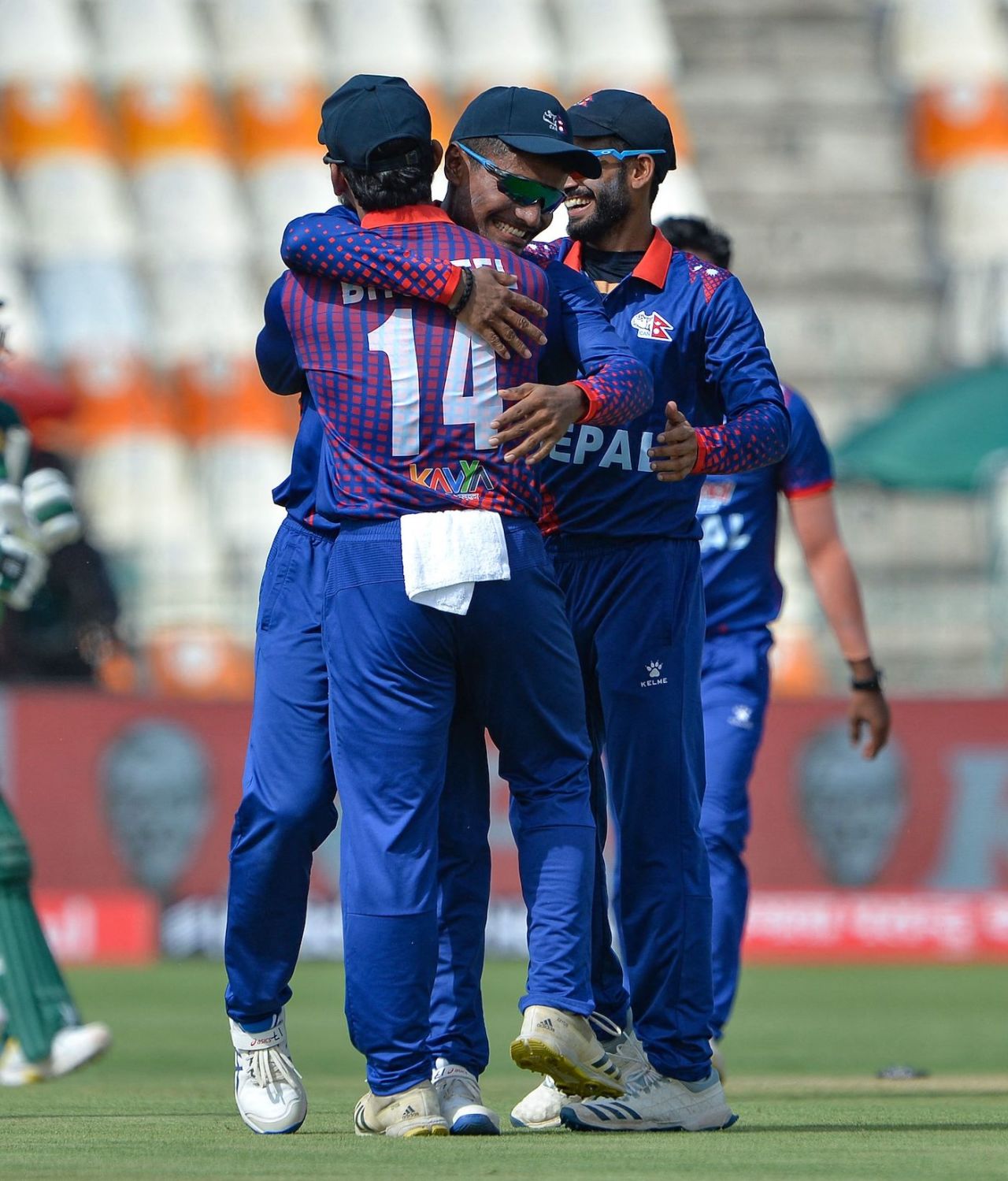 Rohit Paudel celebrates with team-mates after his direct hit sent Imam-ul-Haq back, Pakistan vs Nepal, Asia Cup 2023, Multan, August 30, 2023