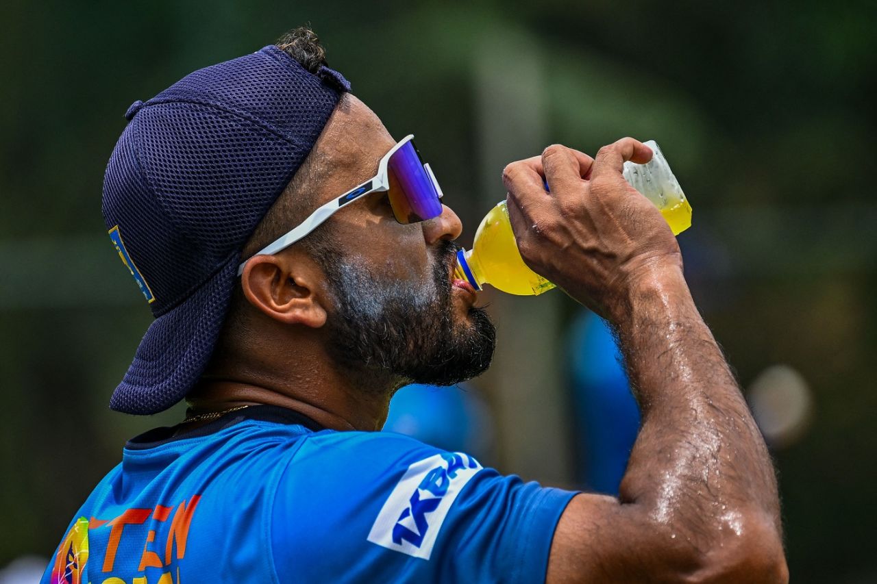 Dimuth Karunaratne cools down after a practice session, Kandy, August 30, 2023