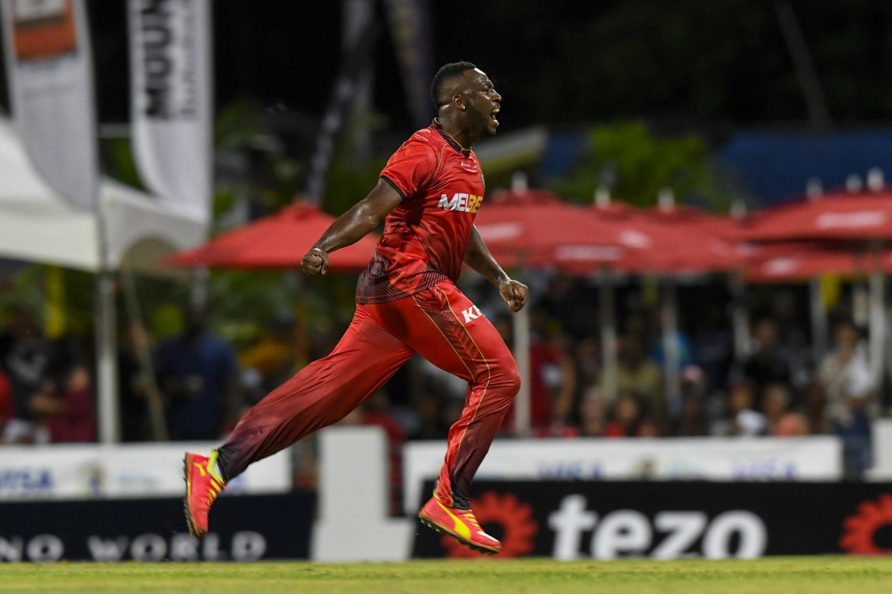Andre Russell wheels away in delight after picking two wickets in his first over, Barbados Royals vs Trinbago Knight Riders, CPL 2023, Bridgetown, August 31, 2023
