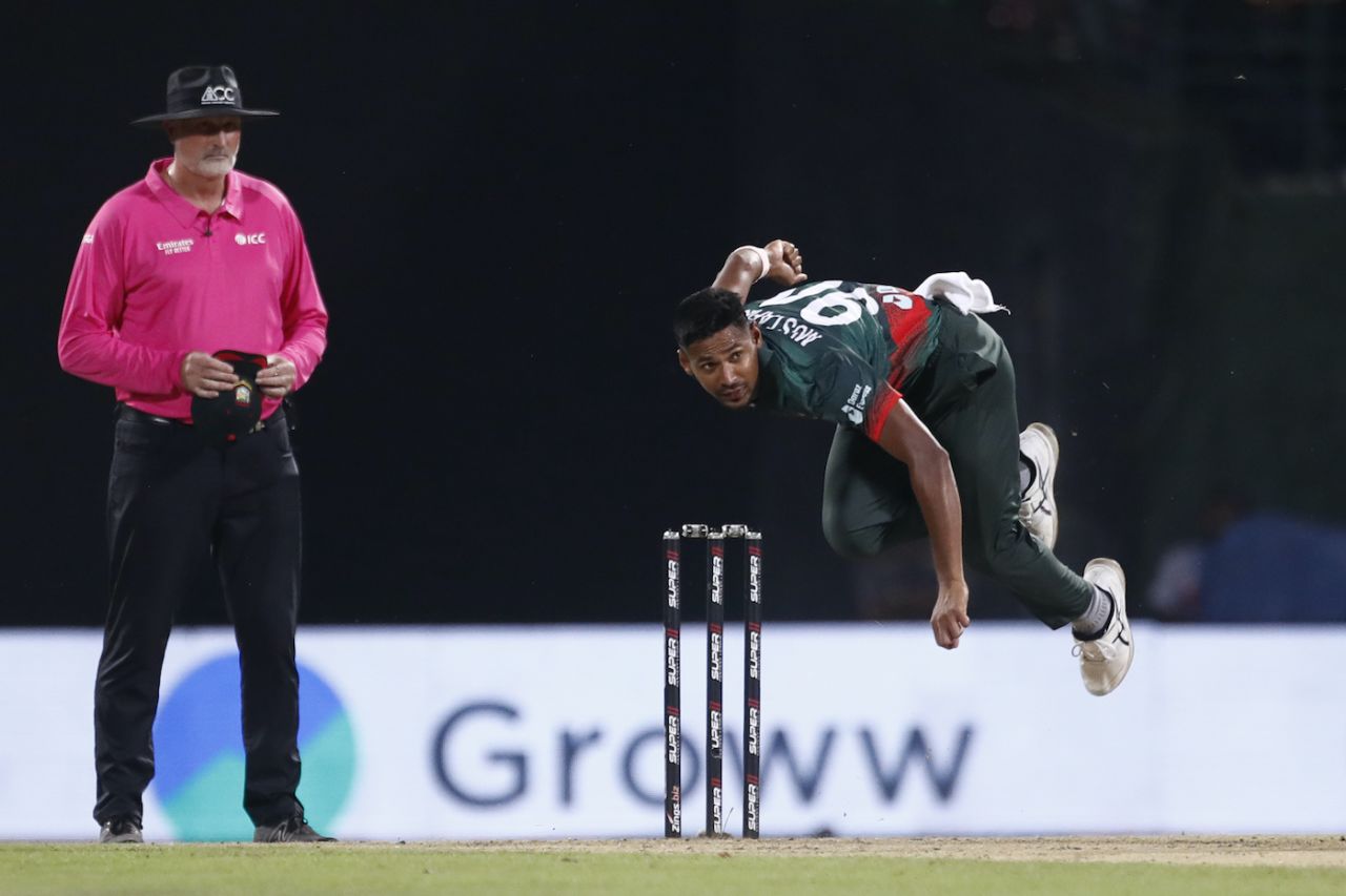 Mustafizur Rahman flies momentarily after delivering the ball, Sri Lanka vs Bangladesh, Asia Cup, Pallekele, August 31, 2023