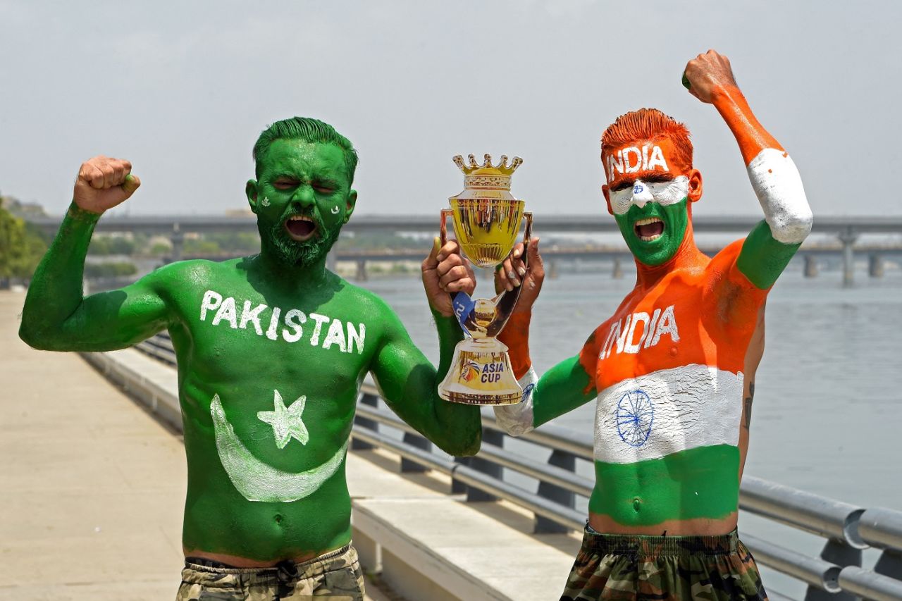 Fans of India and Pakistan hold a cut-out of the Asia Cup trophy in Ahmedabad on the eve of their clash in Pallekele, India vs Pakistan, Asia Cup, September 1, 2023 