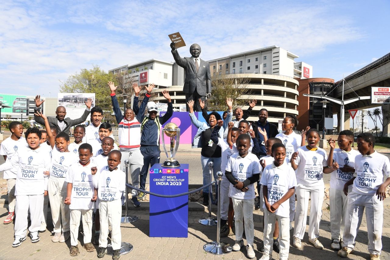 Young players pose next to Men's World Cup 2023 during the trophy tour launch at OR Tambo International Airport, Men's ODI World Cup, Johannesburg, September 1, 2023