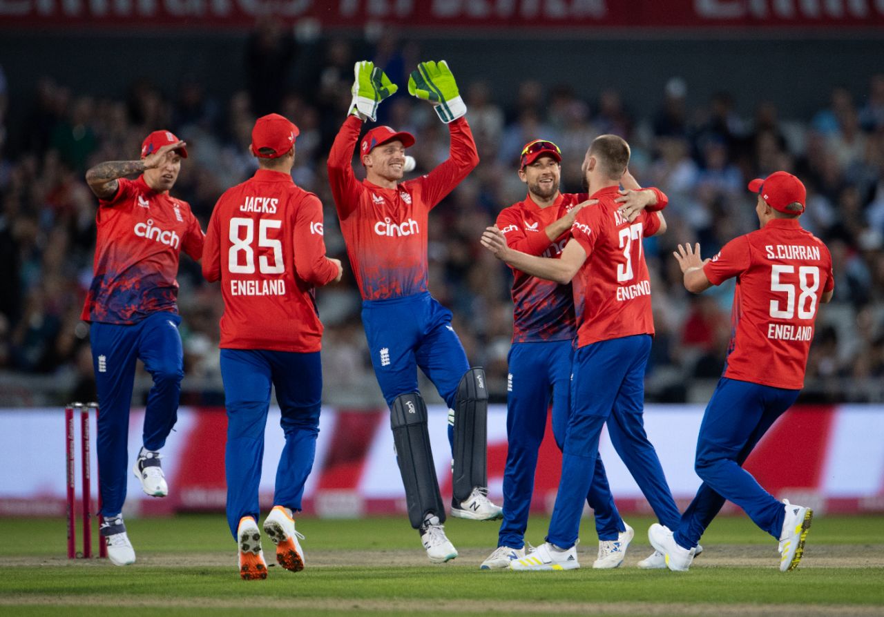 England's fielders celebrate as Gus Atkinson claims Devon Conway for his first international wicket, England vs New Zealand, 2nd T20I, Old Trafford, September 1, 2023