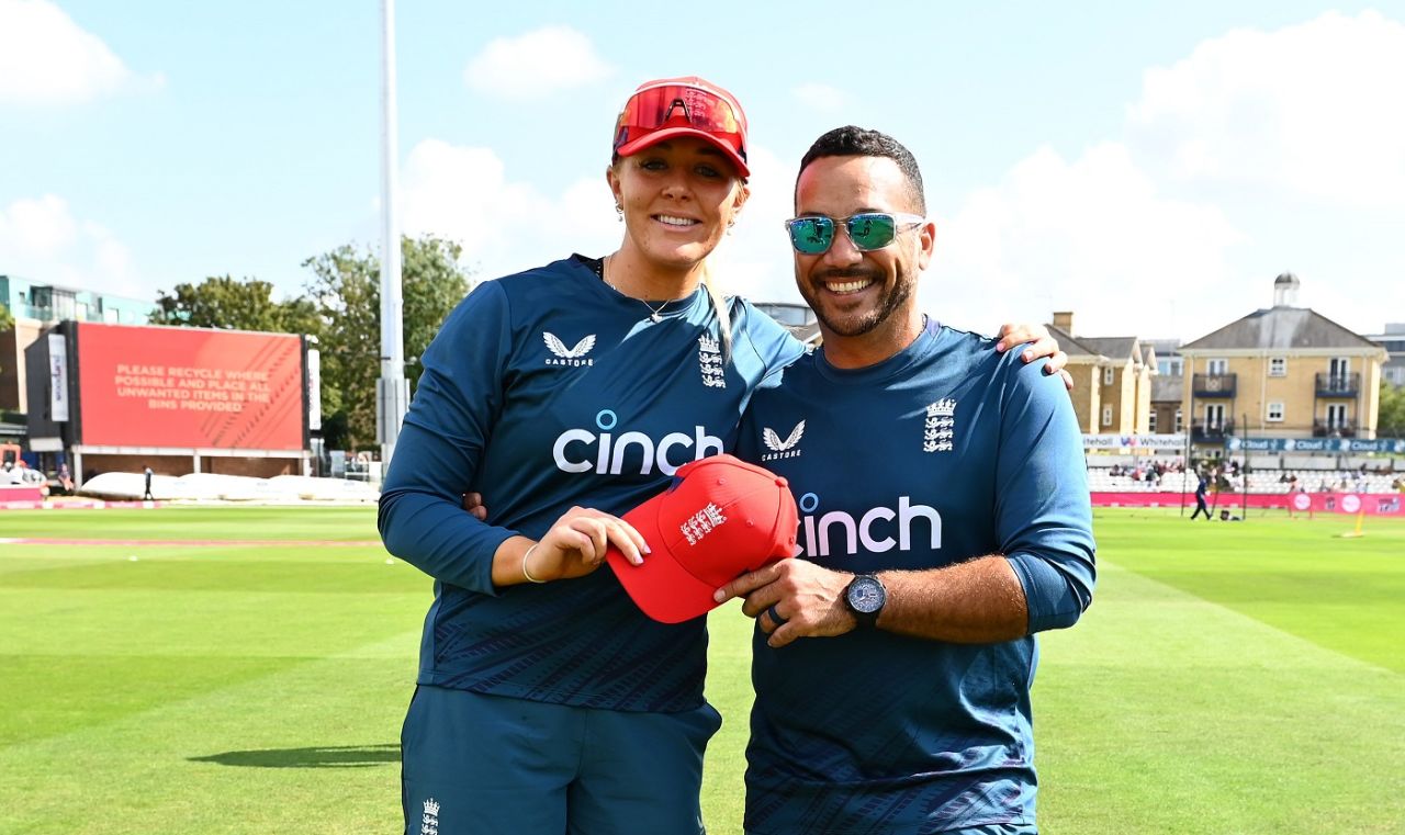 Sarah Glenn is presented with a cap ahead of her 50th T20I, England vs Sri Lanka, 2nd women's T20I, Chelmsford, September 2, 2023