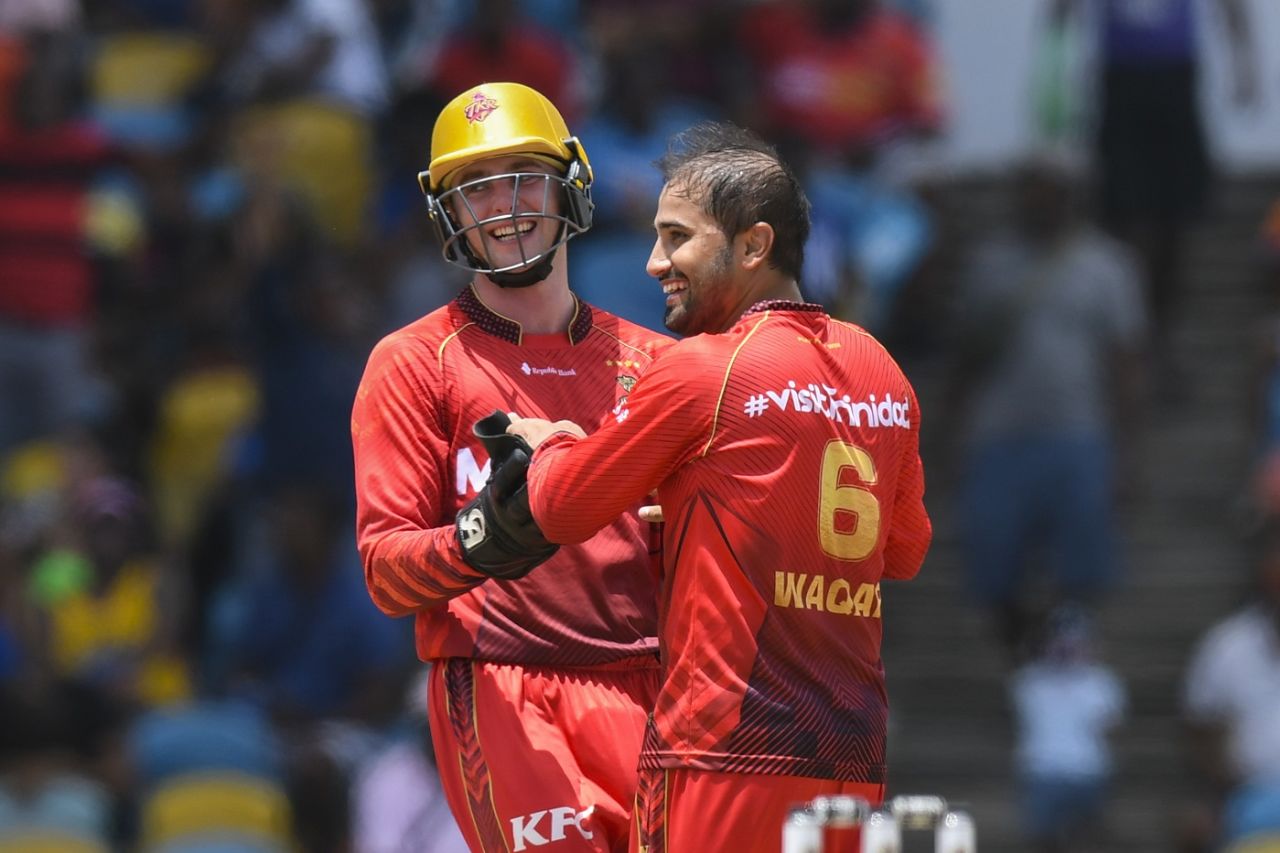 Lorcan Tucker and Waqar Salamkheil celebrate the wicket of Alex Hales, Jamaica Tallawahs vs Trinbago Knight Riders, CPL 2023, Bridgetown, September 03, 2023
