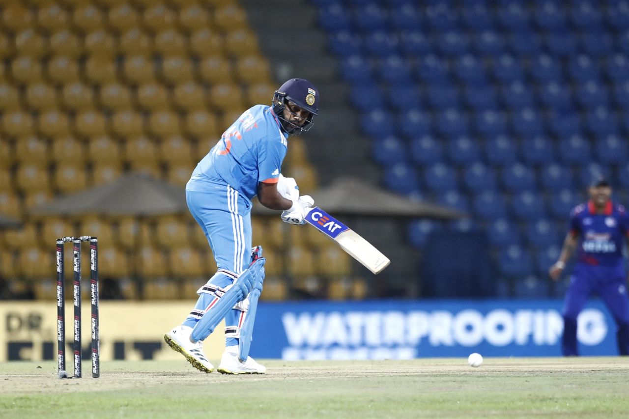 Rohit Sharma watches the ball after steering it behind point, India vs Nepal, Asia Cup, Pallekele, September 4, 2023