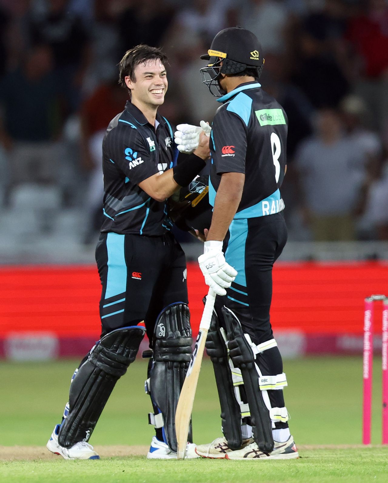 Mark Chapman and Rachin Ravindra celebrate victory, 4th T20I, England vs New Zealand, Trent Bridge, September 05, 2023